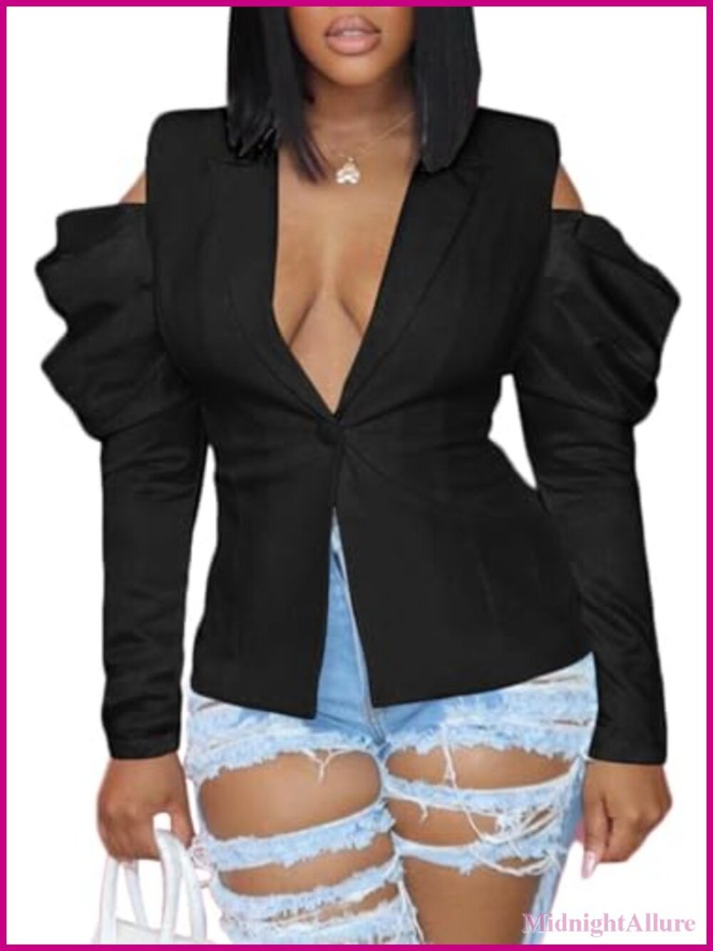 Women's Off Shoulder Puff Sleeve Blazer Open Front Work Jacket Lapel